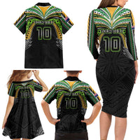 Custom Cook Islands Rugby League Family Matching Long Sleeve Bodycon Dress and Hawaiian Shirt Tatau Tribal Motifs-Black Color - Polynesian Pride