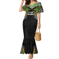 Custom Cook Islands Rugby League Family Matching Mermaid Dress and Hawaiian Shirt Tatau Tribal Motifs-Black Color - Polynesian Pride