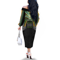 Custom Cook Islands Rugby League Family Matching Off The Shoulder Long Sleeve Dress and Hawaiian Shirt Tatau Tribal Motifs-Black Color - Polynesian Pride