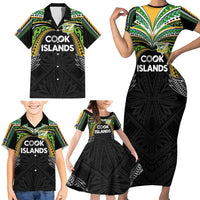 Custom Cook Islands Rugby League Family Matching Short Sleeve Bodycon Dress and Hawaiian Shirt Tatau Tribal Motifs-Black Color - Polynesian Pride