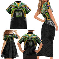 Custom Cook Islands Rugby League Family Matching Short Sleeve Bodycon Dress and Hawaiian Shirt Tatau Tribal Motifs-Black Color - Polynesian Pride