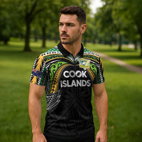 Custom Cook Islands Rugby League Zipper Polo Shirt Tatau Tribal Motifs-Black Color - Polynesian Pride