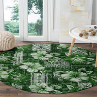 Hawaiian Quilt Pattern Round Carpet Hibiscus and Tribal Element Vintage Green Vibe LT03 - Polynesian Pride