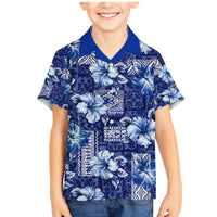 Hawaiian Quilt Pattern Family Matching Mermaid Dress and Hawaiian Shirt Hibiscus and Tribal Element Vintage Blue Vibe LT03 Son's Shirt Blue - Polynesian Pride