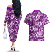 Hawaiian Quilt Pattern Couples Matching Off The Shoulder Long Sleeve Dress and Hawaiian Shirt Hibiscus and Tribal Element Vintage Purple Vibe LT03 - Polynesian Pride