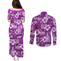 Hawaiian Quilt Pattern Couples Matching Puletasi and Long Sleeve Button Shirt Hibiscus and Tribal Element Vintage Purple Vibe LT03 - Polynesian Pride