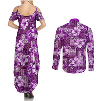 Hawaiian Quilt Pattern Couples Matching Summer Maxi Dress and Long Sleeve Button Shirt Hibiscus and Tribal Element Vintage Purple Vibe LT03 - Polynesian Pride