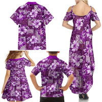 Hawaiian Quilt Pattern Family Matching Summer Maxi Dress and Hawaiian Shirt Hibiscus and Tribal Element Vintage Purple Vibe LT03 - Polynesian Pride