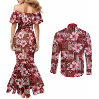 Hawaiian Quilt Pattern Couples Matching Mermaid Dress and Long Sleeve Button Shirt Hibiscus and Tribal Element Vintage Red Vibe LT03 - Polynesian Pride