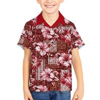 Hawaiian Quilt Pattern Family Matching Off Shoulder Short Dress and Hawaiian Shirt Hibiscus and Tribal Element Vintage Red Vibe LT03 Son's Shirt Red - Polynesian Pride