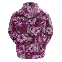 Hawaiian Quilt Pattern Zip Hoodie Hibiscus and Tribal Element Vintage Pink Vibe LT03 - Polynesian Pride