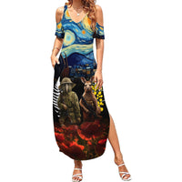 New Zealand and Australia ANZAC Day Family Matching Summer Maxi Dress and Hawaiian Shirt Kiwi Bird and Kangaroo Soldier Starry Night Style LT03 Mom's Dress Black - Polynesian Pride