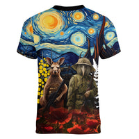 New Zealand and Australia ANZAC Day Women V Neck T Shirt Kiwi Bird and Kangaroo Soldier Starry Night Style LT03 - Polynesian Pride