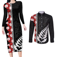 New Zealand ANZAC Day Couples Matching Long Sleeve Bodycon Dress and Long Sleeve Button Shirt Soldier Silver Fern with Red Poppies Flower Maori Style LT03 Black - Polynesian Pride