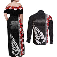 New Zealand ANZAC Day Couples Matching Off Shoulder Maxi Dress and Long Sleeve Button Shirt Soldier Silver Fern with Red Poppies Flower Maori Style LT03 - Polynesian Pride