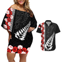 New Zealand ANZAC Day Couples Matching Off Shoulder Short Dress and Hawaiian Shirt Soldier Silver Fern with Red Poppies Flower Maori Style LT03 Black - Polynesian Pride