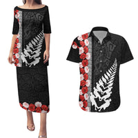 New Zealand ANZAC Day Couples Matching Puletasi and Hawaiian Shirt Soldier Silver Fern with Red Poppies Flower Maori Style LT03 Black - Polynesian Pride