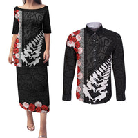 New Zealand ANZAC Day Couples Matching Puletasi and Long Sleeve Button Shirt Soldier Silver Fern with Red Poppies Flower Maori Style LT03 Black - Polynesian Pride