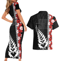 New Zealand ANZAC Day Couples Matching Short Sleeve Bodycon Dress and Hawaiian Shirt Soldier Silver Fern with Red Poppies Flower Maori Style LT03 - Polynesian Pride
