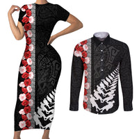 New Zealand ANZAC Day Couples Matching Short Sleeve Bodycon Dress and Long Sleeve Button Shirt Soldier Silver Fern with Red Poppies Flower Maori Style LT03 Black - Polynesian Pride