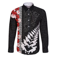 New Zealand ANZAC Day Family Matching Summer Maxi Dress and Hawaiian Shirt Soldier Silver Fern with Red Poppies Flower Maori Style LT03 Dad's Shirt - Long Sleeve Black - Polynesian Pride