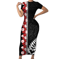 New Zealand ANZAC Day Short Sleeve Bodycon Dress Soldier Silver Fern with Red Poppies Flower Maori Style LT03 Long Dress Black - Polynesian Pride