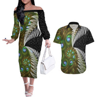 New Zealand Couples Matching Off The Shoulder Long Sleeve Dress and Hawaiian Shirt Koru Abstract Art and Silver Fern Maori Pattern LT03 Green - Polynesian Pride