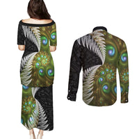 New Zealand Couples Matching Puletasi and Long Sleeve Button Shirt Koru Abstract Art and Silver Fern Maori Pattern LT03 - Polynesian Pride