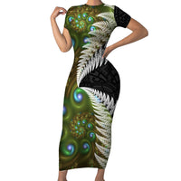 New Zealand Short Sleeve Bodycon Dress Koru Abstract Art and Silver Fern Maori Pattern LT03 Long Dress Green - Polynesian Pride