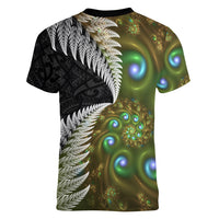 New Zealand Women V Neck T Shirt Koru Abstract Art and Silver Fern Maori Pattern LT03 - Polynesian Pride