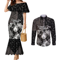 Custom New Zealand Women's Day Couples Matching Mermaid Dress and Long Sleeve Button Shirt Maori Tribal Girl and Silver Fern Pattern LT03 Black - Polynesian Pride