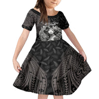 Custom New Zealand Women's Day Family Matching Off Shoulder Long Sleeve Dress and Hawaiian Shirt Maori Tribal Girl and Silver Fern Pattern LT03 Daughter's Dress Black - Polynesian Pride