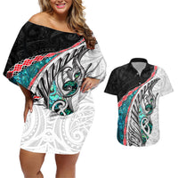 New Zealand Couples Matching Off Shoulder Short Dress and Hawaiian Shirt Manaia Fern and Koru Maori Pattern LT03 Black - Polynesian Pride