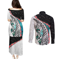 New Zealand Couples Matching Puletasi and Long Sleeve Button Shirt Manaia Fern and Koru Maori Pattern LT03 - Polynesian Pride