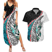 New Zealand Couples Matching Summer Maxi Dress and Hawaiian Shirt Manaia Fern and Koru Maori Pattern LT03 Black - Polynesian Pride