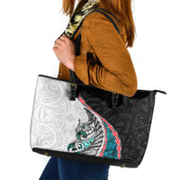 New Zealand Leather Tote Bag Manaia Fern and Koru Maori Pattern LT03 Black - Polynesian Pride
