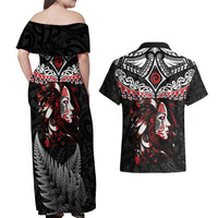 New Zealand Maori Girl Couples Matching Off Shoulder Maxi Dress and Hawaiian Shirt Silver Fern and Koru Pattern LT03 - Polynesian Pride