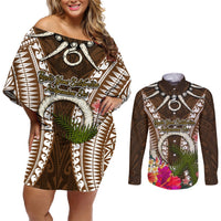 Vanuatu Selebretem 44th Indipendens Dei Couples Matching Off Shoulder Short Dress and Long Sleeve Button Shirt Yumi Pig Tusk and Namele Fern LT03 Brown - Polynesian Pride