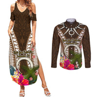 Vanuatu Selebretem 44th Indipendens Dei Couples Matching Summer Maxi Dress and Long Sleeve Button Shirt Yumi Pig Tusk and Namele Fern LT03 Brown - Polynesian Pride
