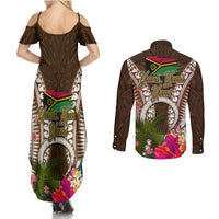 Vanuatu Selebretem 44th Indipendens Dei Couples Matching Summer Maxi Dress and Long Sleeve Button Shirt Yumi Pig Tusk and Namele Fern LT03 - Polynesian Pride