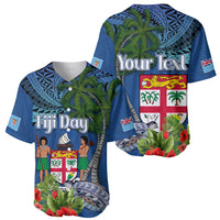 Fiji Independence Day Baseball Jersey Fijian Coat of Arms Palm and Hibiscus Tapa Pattern