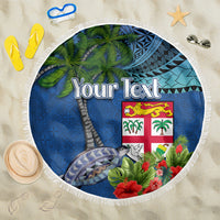 Personalised Fiji Independence Day Beach Blanket Fijian Coat of Arms Palm and Hibiscus Tapa Pattern