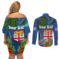 Fiji Independence Day Couples Matching Off Shoulder Short Dress and Long Sleeve Button Shirt Fijian Coat of Arms Palm and Hibiscus Tapa Pattern