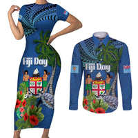 Fiji Independence Day Couples Matching Short Sleeve Bodycon Dress and Long Sleeve Button Shirt Fijian Coat of Arms Palm and Hibiscus Tapa Pattern