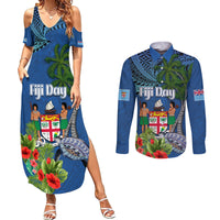 Fiji Independence Day Couples Matching Summer Maxi Dress and Long Sleeve Button Shirt Fijian Coat of Arms Palm and Hibiscus Tapa Pattern