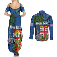 Fiji Independence Day Couples Matching Summer Maxi Dress and Long Sleeve Button Shirt Fijian Coat of Arms Palm and Hibiscus Tapa Pattern