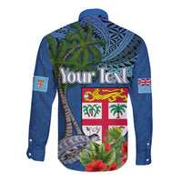 Fiji Independence Day Long Sleeve Button Shirt Fijian Coat of Arms Palm and Hibiscus Tapa Pattern
