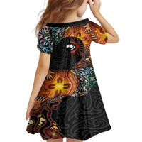 New Zealand and Australia Together Family Matching Off The Shoulder Long Sleeve Dress and Hawaiian Shirt Maori Tattoo Paua Shell mix Aboriginal Pattern
