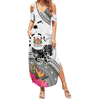 Fiji Iguana Summer Maxi Dress Tapa Tribal Tattoo and Hibiscus LT03 Women White - Polynesian Pride