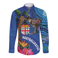 Fiji and Australia Together Long Sleeve Button Shirt Aboriginal Kangaroo and Tapa Tribal Hibiscus LT03 Unisex Blue - Polynesian Pride